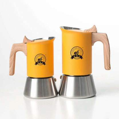 Induction Moka Pot Coffee Maker – Stainless Steel Matte Yellow Finish