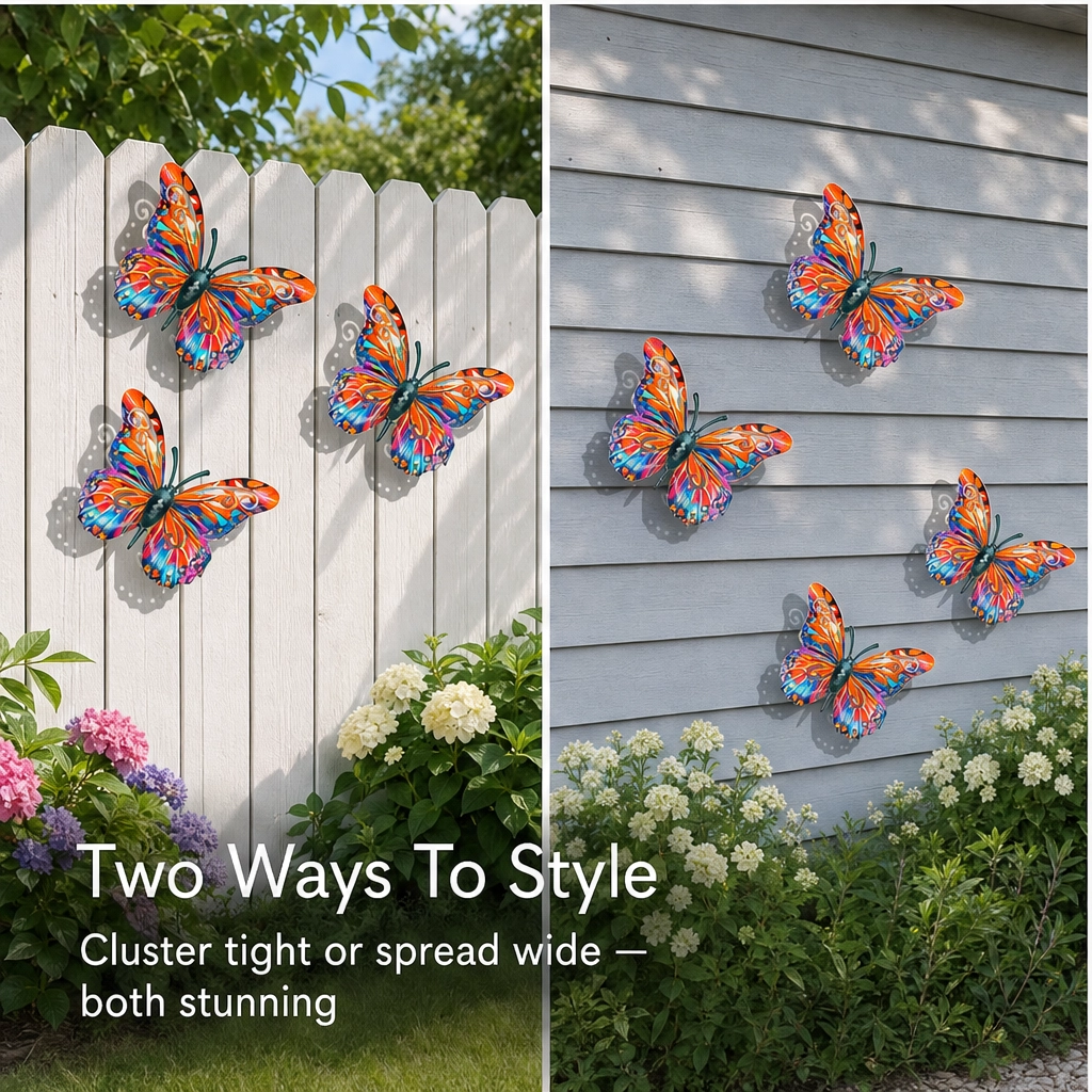 Iron Butterfly Garden Wall Decor Set of 4 | Hand-Painted Weatherproof Sealed Finish | Hooks Included, No Tools Needed
