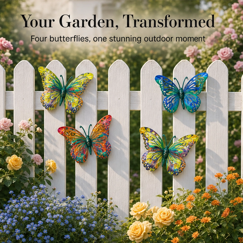 Iron Butterfly Garden Wall Decor Set of 4 | Hand-Painted Weatherproof Sealed Finish | Hooks Included, No Tools Needed