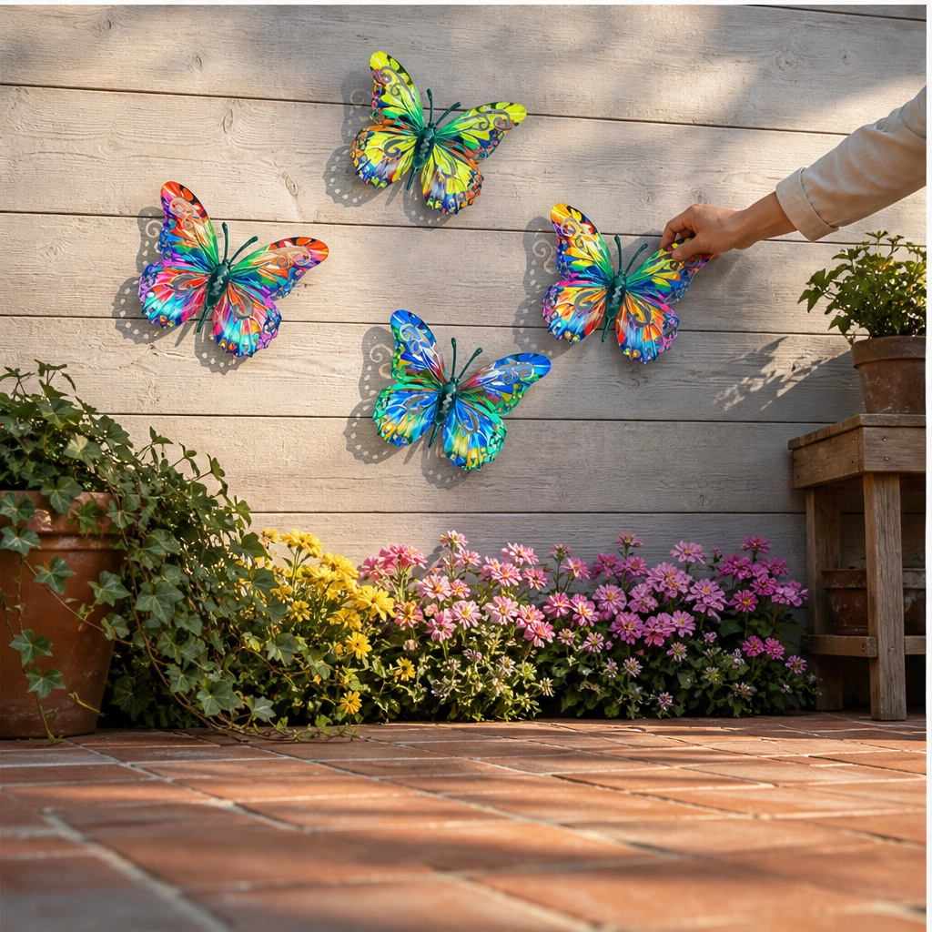 Iron Butterfly Garden Wall Decor Set of 4 | Hand-Painted Weatherproof Sealed Finish | Hooks Included, No Tools Needed