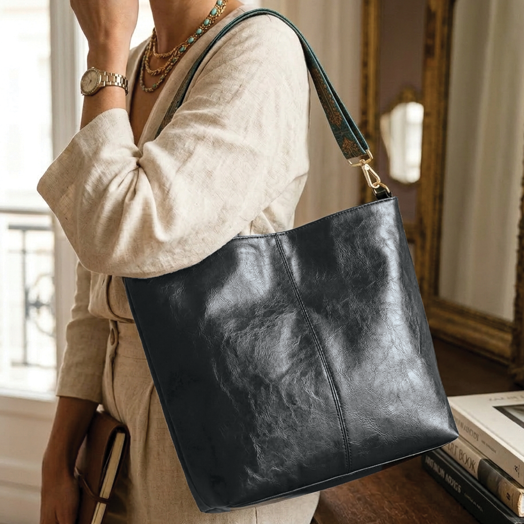Isla | Vegan Leather Bucket Bag – Embroidered Strap Design
