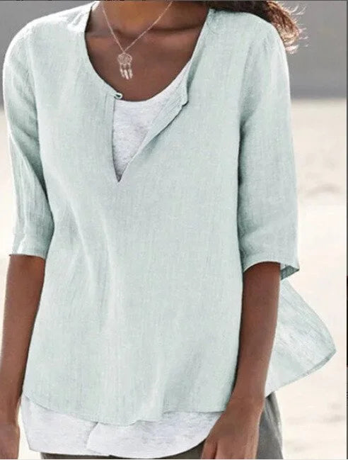 Janet | Women's Blouse - Split Neck High-Low Hem Summer Top 4