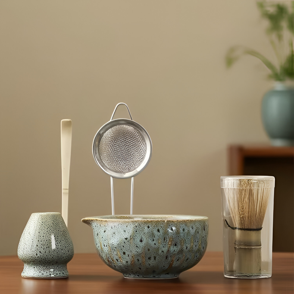 5-Piece Matcha Tea Set Ceramic Bowl | With Bamboo Whisk, Sieve & Chashaku Spoon | Handmade Japanese Tea Ceremony Set 1