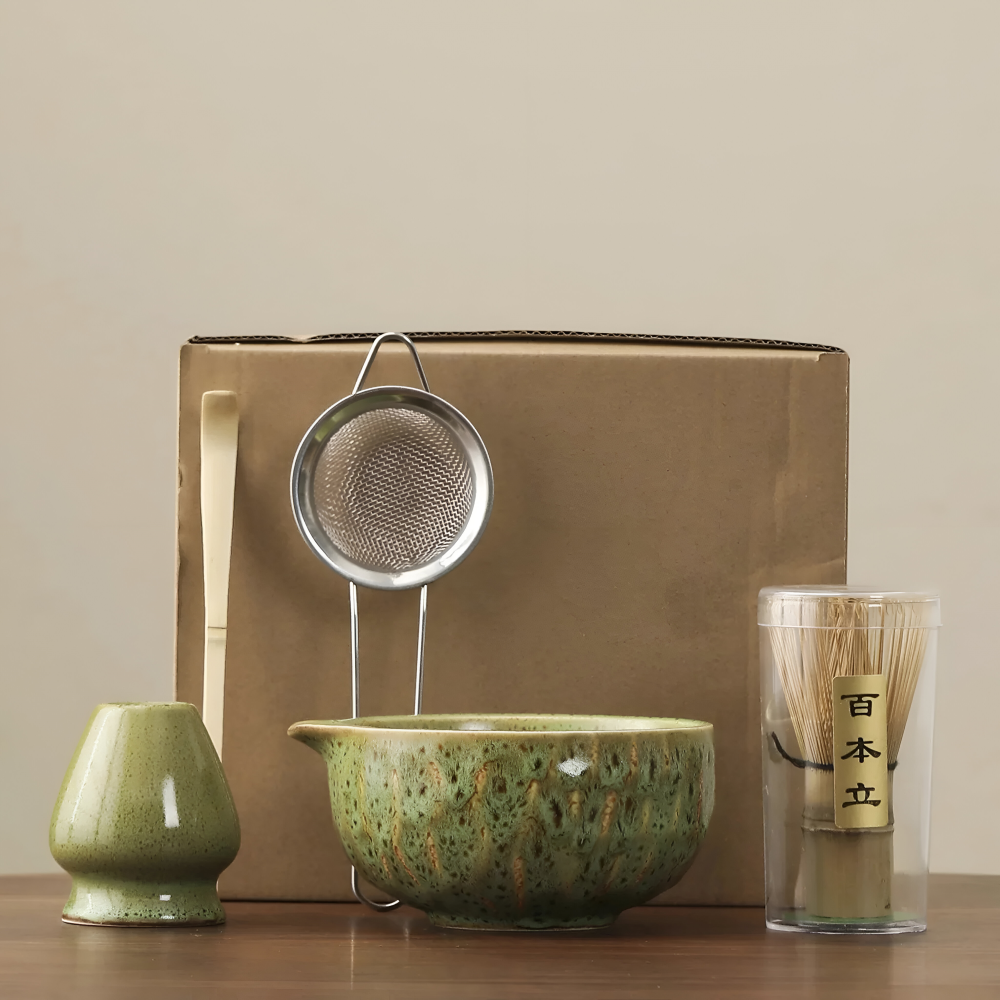 5-Piece Matcha Tea Set Ceramic Bowl | With Bamboo Whisk, Sieve & Chashaku Spoon | Handmade Japanese Tea Ceremony Set 4