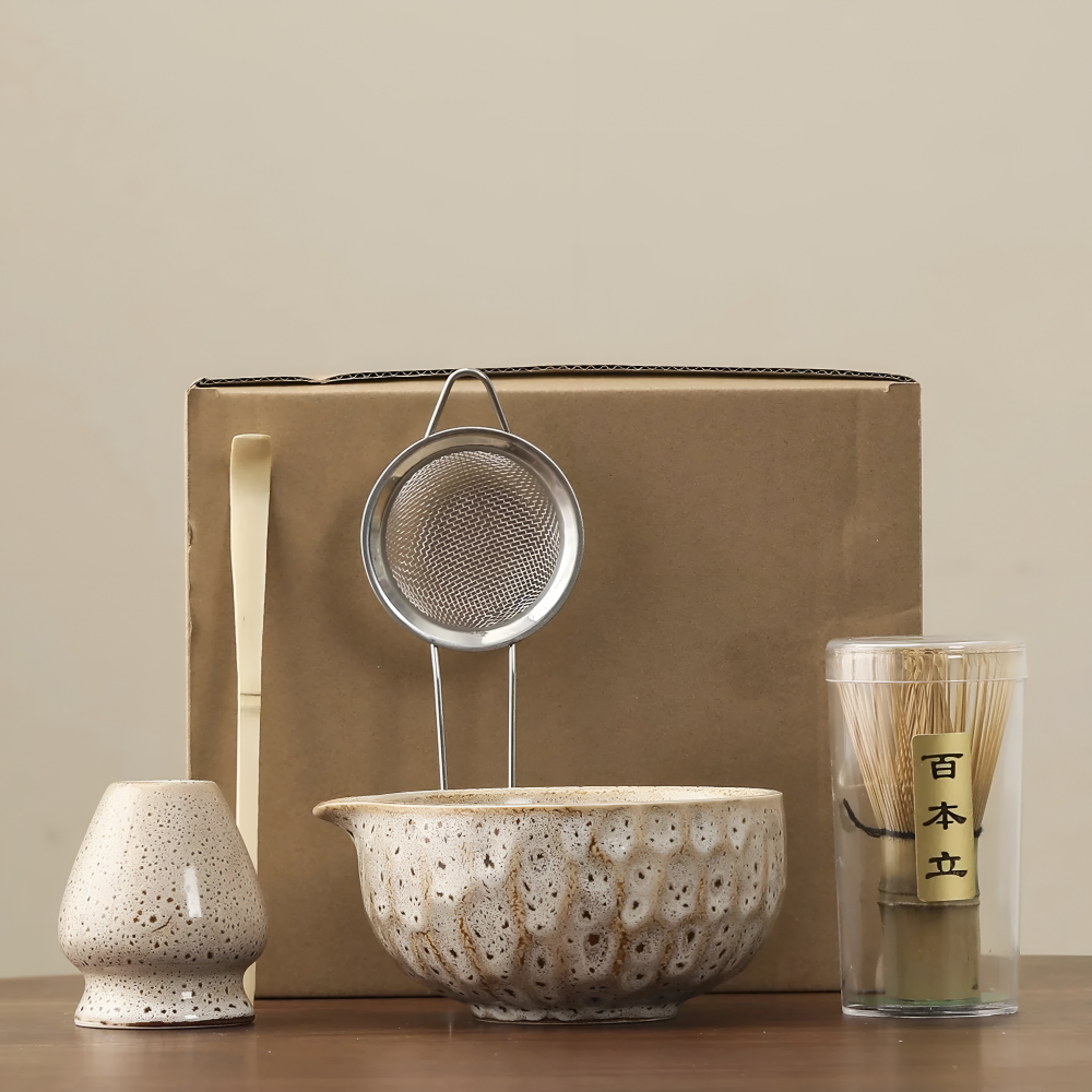 5-Piece Matcha Tea Set Ceramic Bowl | With Bamboo Whisk, Sieve & Chashaku Spoon | Handmade Japanese Tea Ceremony Set 5