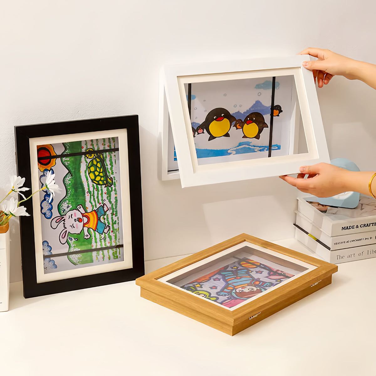 Kids Artwork Display Frame | Hidden Storage for 150 Pieces, Fits A4/US Letter | Magnetic Swap, White/Black/Wood