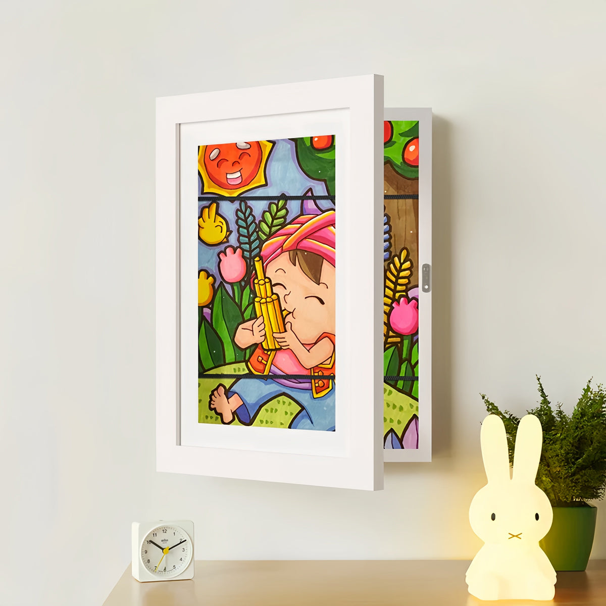 Kids Artwork Display Frame | Hidden Storage for 150 Pieces, Fits A4/US Letter | Magnetic Swap, White/Black/Wood