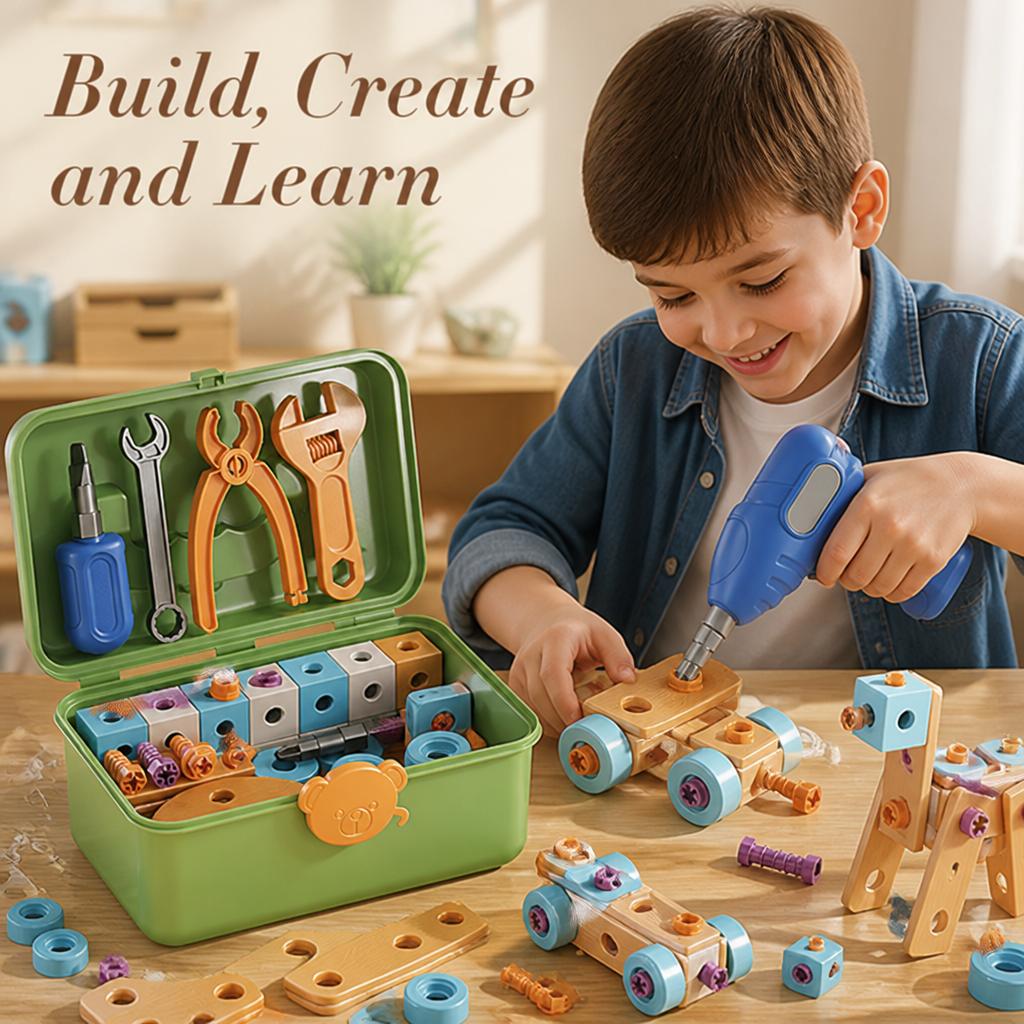 Kids Building Toy Set with Real Electric Drill | 124-190 Non-Toxic Pieces | Portable Storage Case for Creative Play