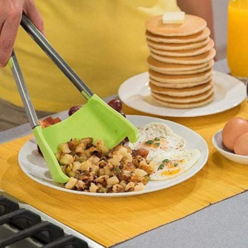 Kitchen Tongs and Spatula Stainless Steel | 2-in-1 Grip, Flip and Scoop Design | Non-Stick Safe and Heat Resistant