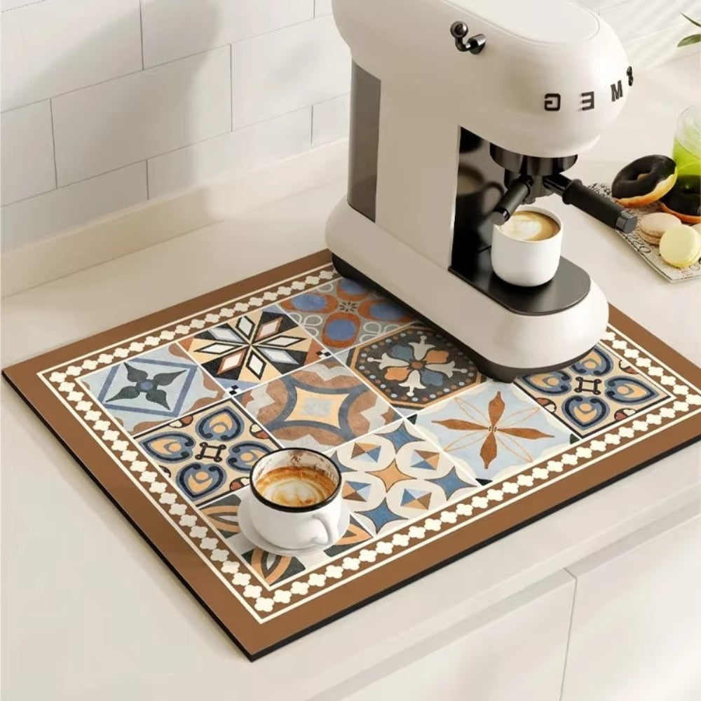 Kitchen Counter Mat Retro Tile Pattern Absorbent Drying Mat 0