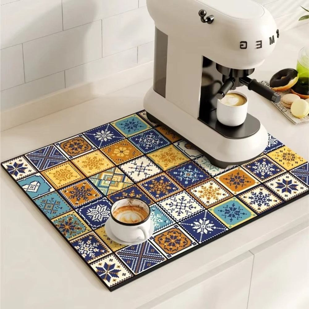 Kitchen Counter Mat Retro Tile Pattern Absorbent Drying Mat 1
