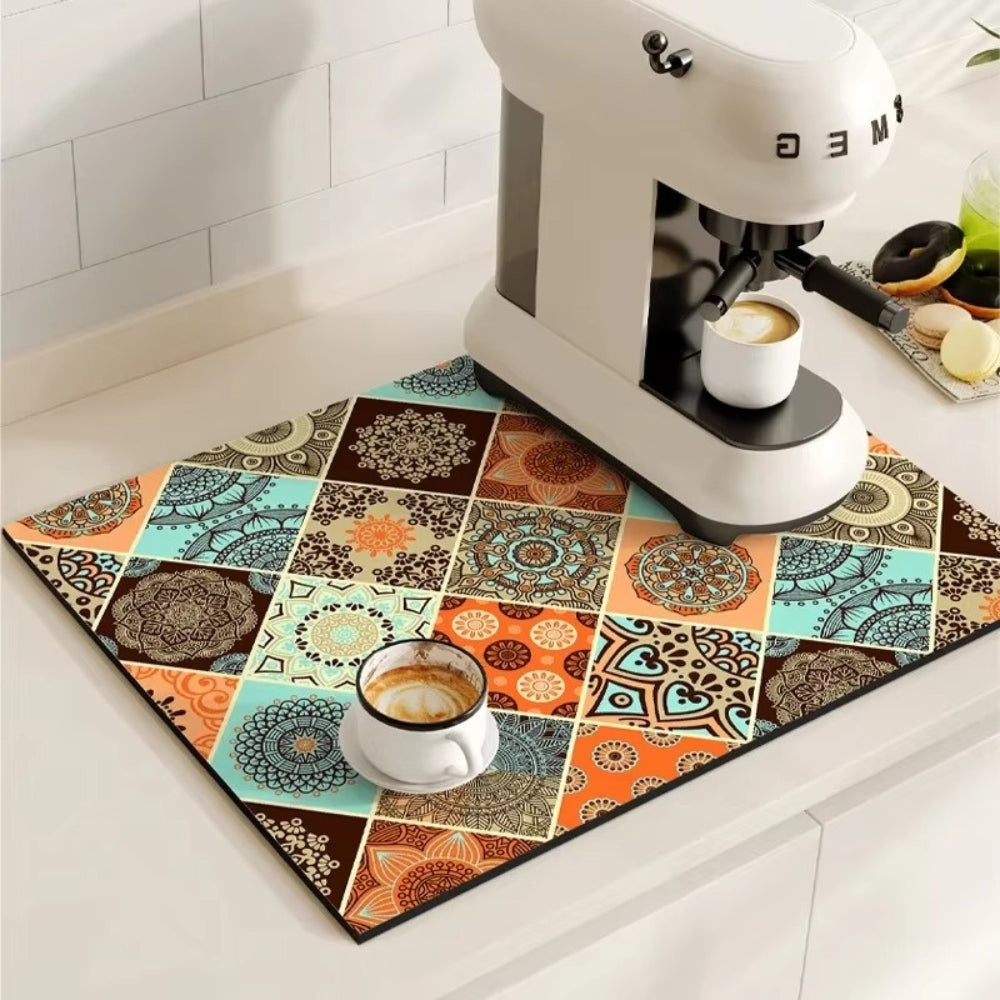 Kitchen Counter Mat Retro Tile Pattern Absorbent Drying Mat 4