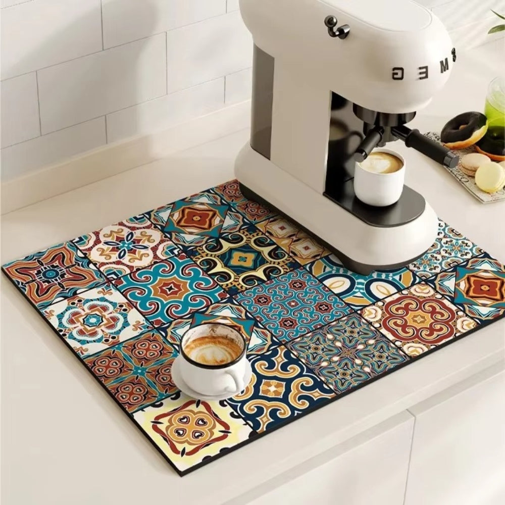 Kitchen Counter Mat Retro Tile Pattern Absorbent Drying Mat 5