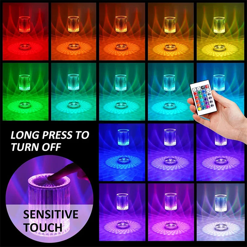 LED Crystal Table Lamp | 16-Colour Remote & 3-Colour Touch Control | Rotating Night Light Projection for Bedroom