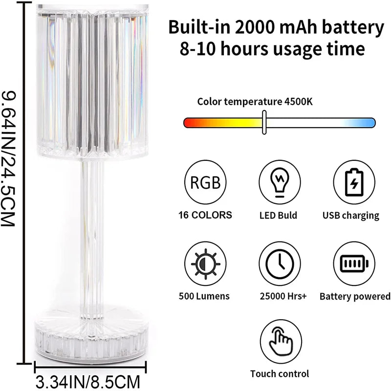 LED Crystal Table Lamp | 16-Colour Remote & 3-Colour Touch Control | Rotating Night Light Projection for Bedroom