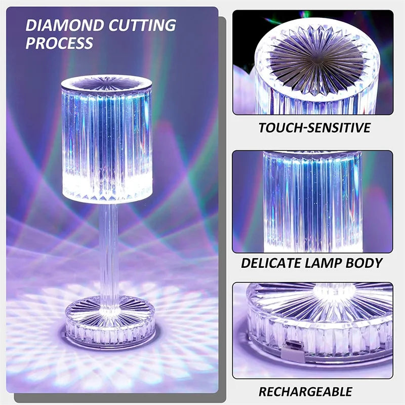 LED Crystal Table Lamp | 16-Colour Remote & 3-Colour Touch Control | Rotating Night Light Projection for Bedroom