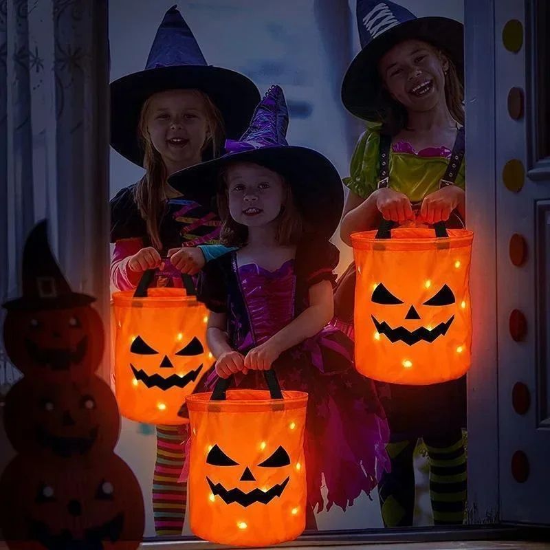 LED Light-Up Pumpkin Trick-or-Treat Bucket | Collapsible & Reusable | Glows for Safer, More Visible Halloween Nights