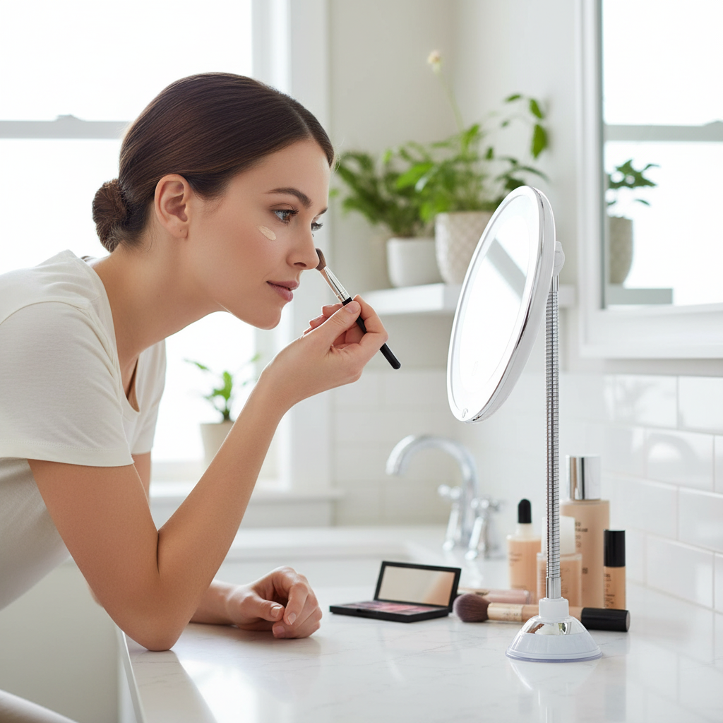 LED Magnifying Mirror 17.8 cm | 10× Magnification, Suction Mount | 360° Adjustable Arm, Battery Powered for Precise Grooming