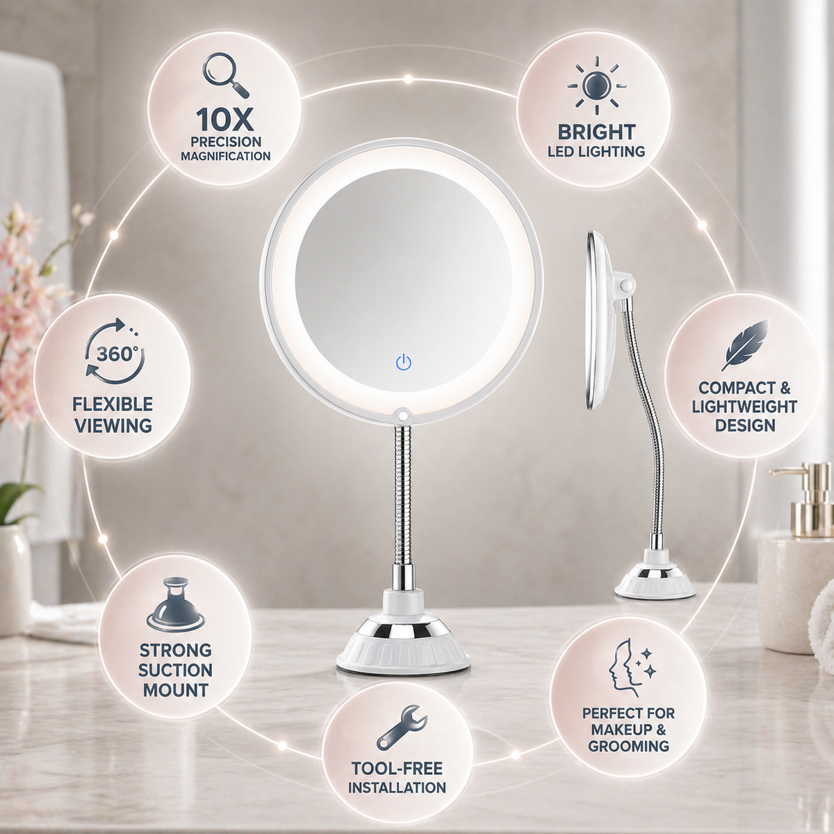 LED Magnifying Mirror 17.8 cm | 10× Magnification, Suction Mount | 360° Adjustable Arm, Battery Powered for Precise Grooming