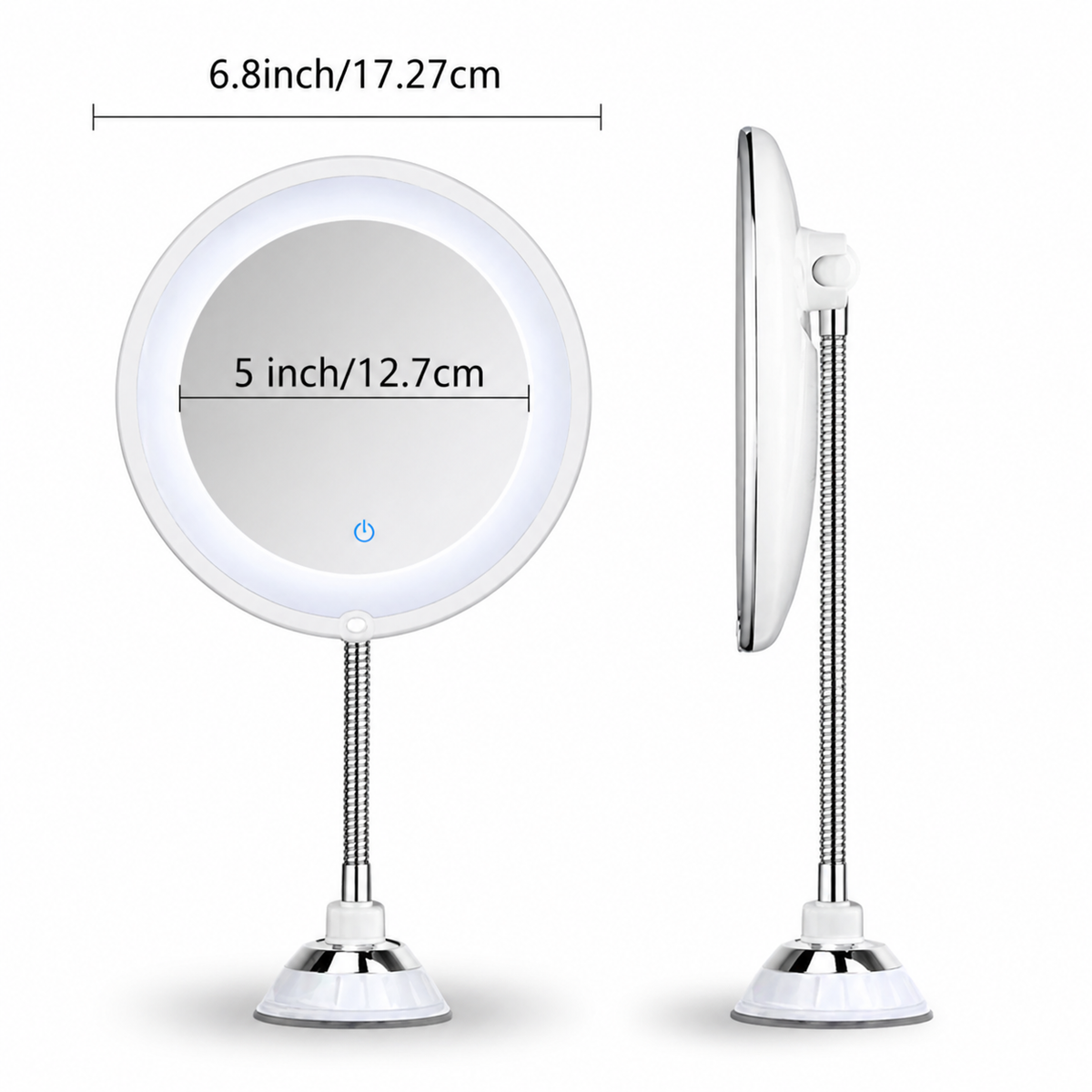 LED Magnifying Mirror 17.8 cm | 10× Magnification, Suction Mount | 360° Adjustable Arm, Battery Powered for Precise Grooming