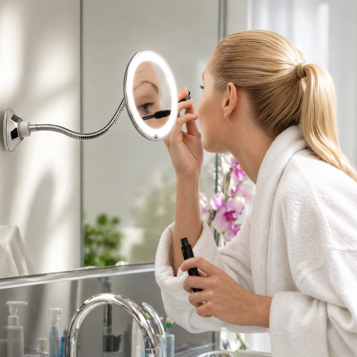 LED Magnifying Mirror 17.8 cm | 10× Magnification, Suction Mount | 360° Adjustable Arm, Battery Powered for Precise Grooming