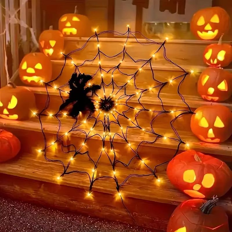 LED Spider Web String Lights Halloween Decoration | Energy-Efficient Indoor Outdoor Use | Flexible Spooky Web Design