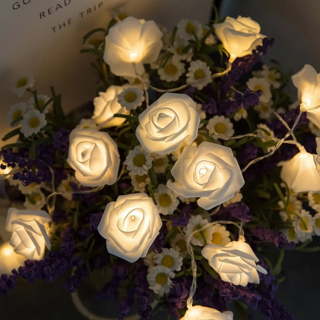 LED String Lights Artificial Roses Battery Powered Flexible Wire with Warm Glow 8