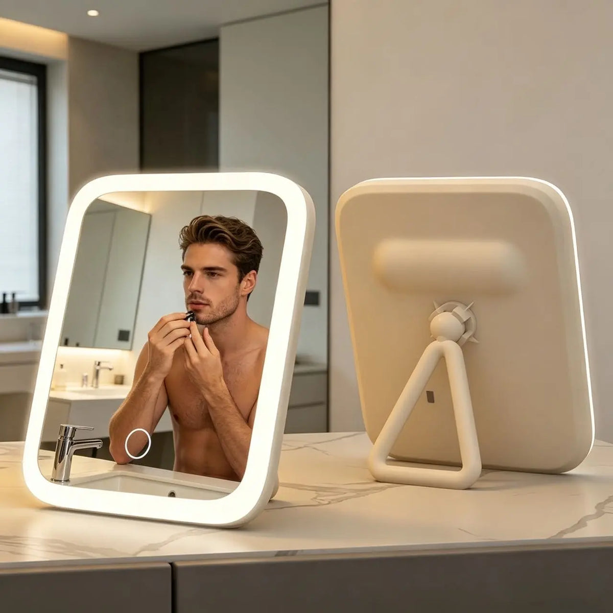Man grooming himself in a illuminated vanity mirror with a light source on a counter.