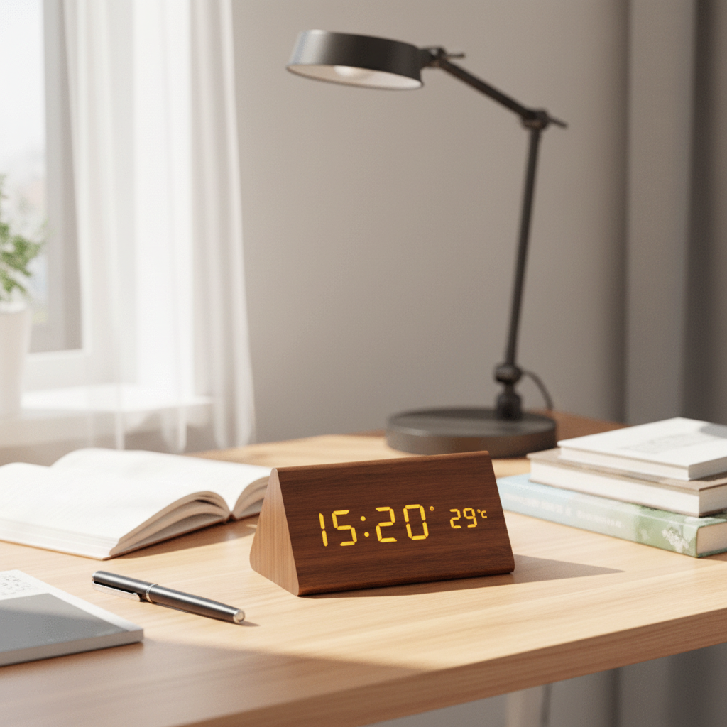 LED Wooden Alarm Clock – Voice Control Adjustable Brightness Display