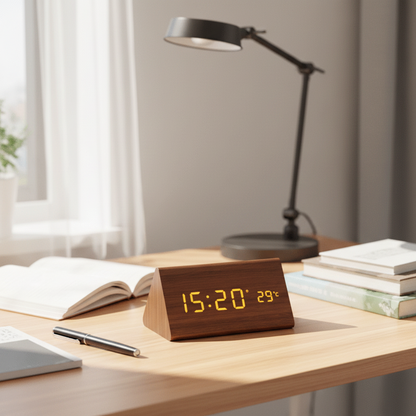 LED Wooden Alarm Clock – Voice Control Adjustable Brightness Display