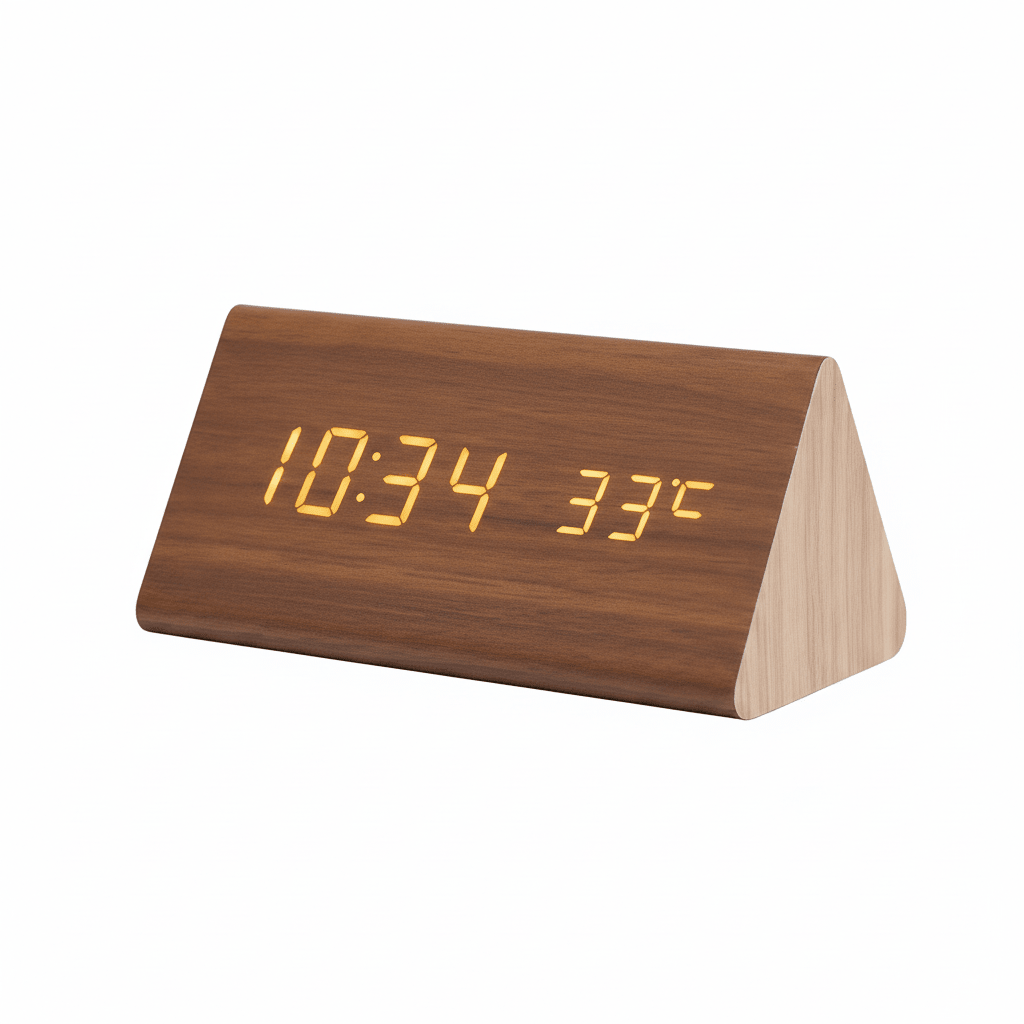 LED Wooden Alarm Clock – Voice Control Adjustable Brightness Display
