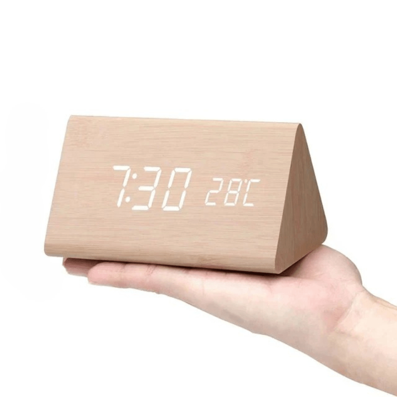 LED Wooden Alarm Clock – Voice Control Adjustable Brightness Display