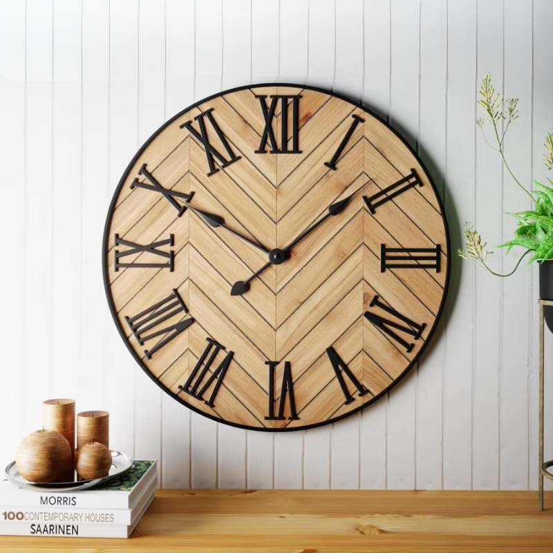 Wall Clock Metal and Wood 24 Inch (61 cm) Diameter | Roman Numerals, Rustic-Modern Style | Silent Operation, Battery Powered 1