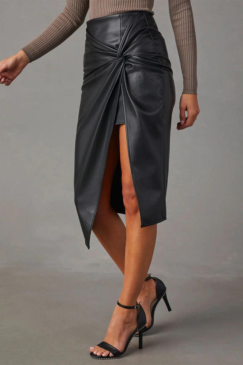 Lena™ | Black Leather Skirt Women – Open Front Flowing Design 2