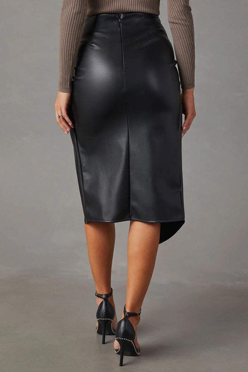 Lena™ | Black Leather Skirt Women – Open Front Flowing Design 3