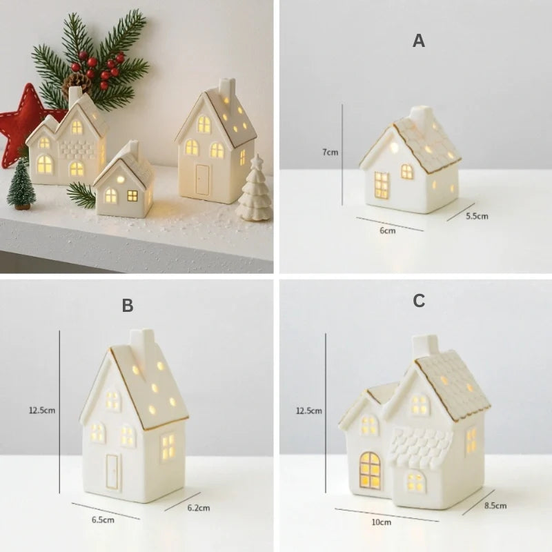 Light-Up Ceramic Village Christmas Decor | 12-Piece Set with Houses, Trees & Snowmen | Perforated Ceramic, Battery-Powered Glow