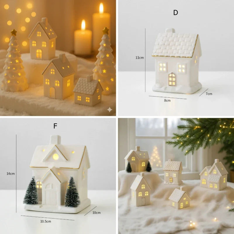 Light-Up Ceramic Village Christmas Decor | 12-Piece Set with Houses, Trees & Snowmen | Perforated Ceramic, Battery-Powered Glow