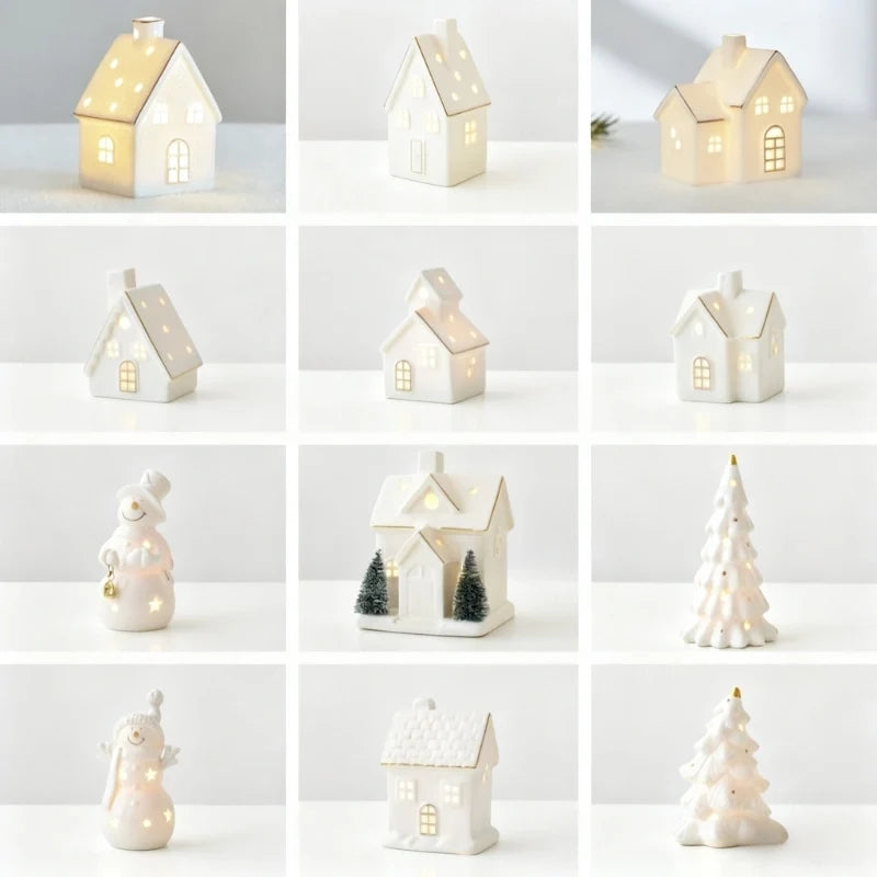 Light-Up Ceramic Village Christmas Decor | 12-Piece Set with Houses, Trees & Snowmen | Perforated Ceramic, Battery-Powered Glow