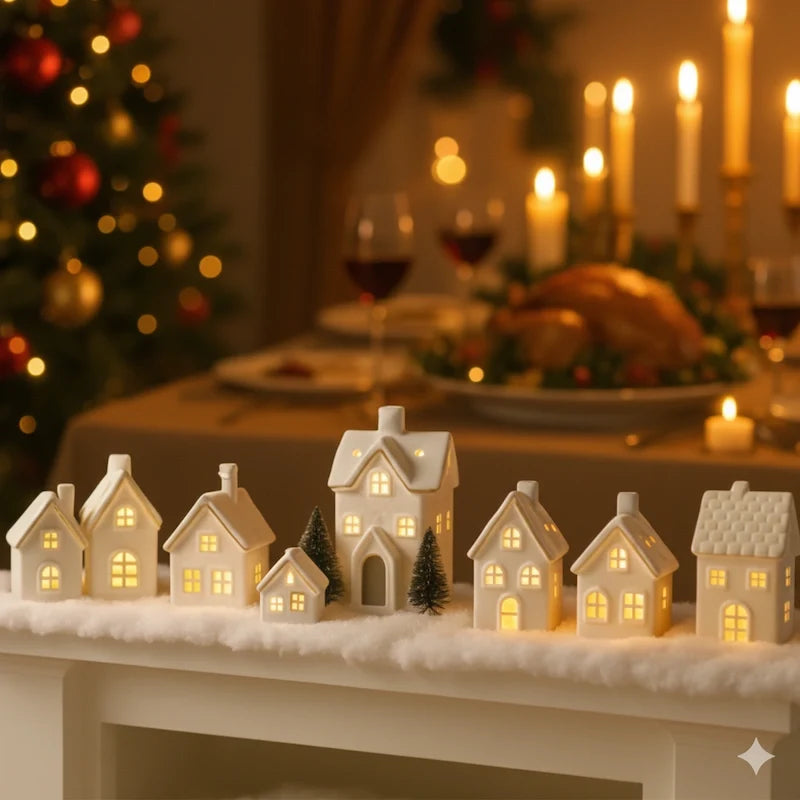 Light-Up Ceramic Village Christmas Decor | 12-Piece Set with Houses, Trees & Snowmen | Perforated Ceramic, Battery-Powered Glow