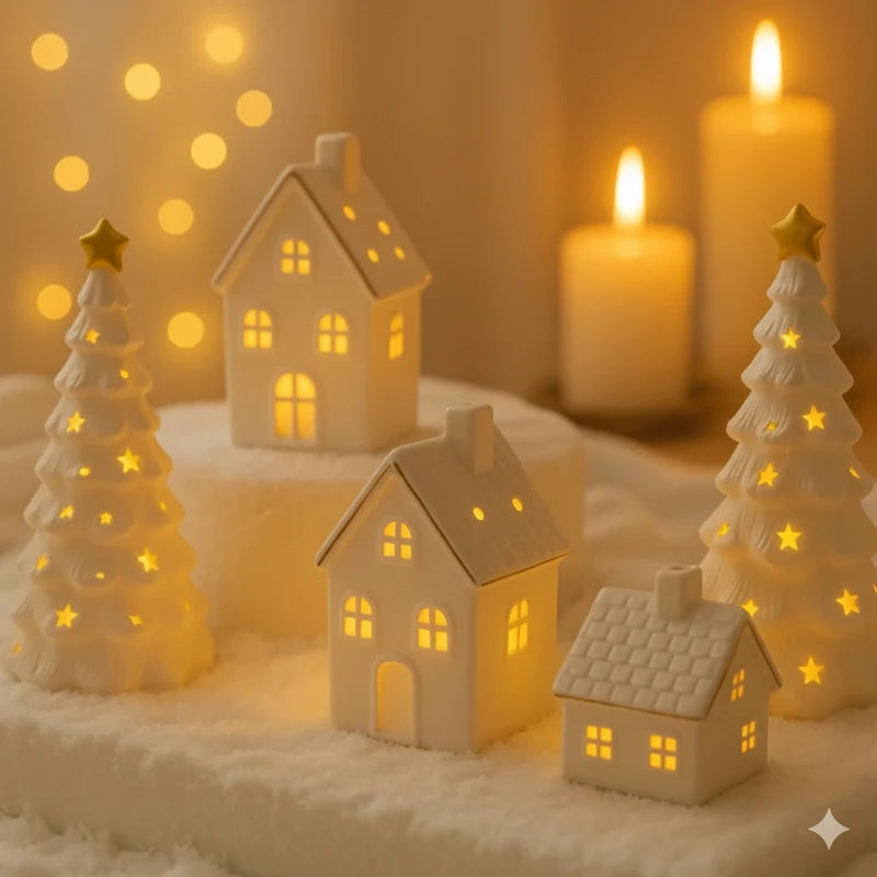 Light-Up Ceramic Village Christmas Decor | 12-Piece Set with Houses, Trees & Snowmen | Perforated Ceramic, Battery-Powered Glow