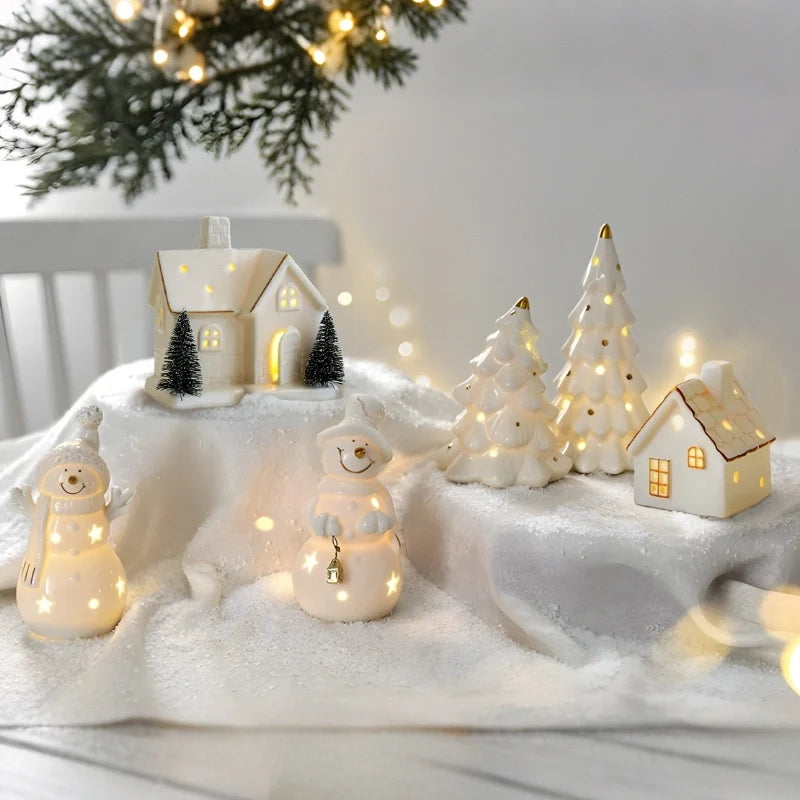 Light-Up Ceramic Village Christmas Decor | 12-Piece Set with Houses, Trees & Snowmen | Perforated Ceramic, Battery-Powered Glow