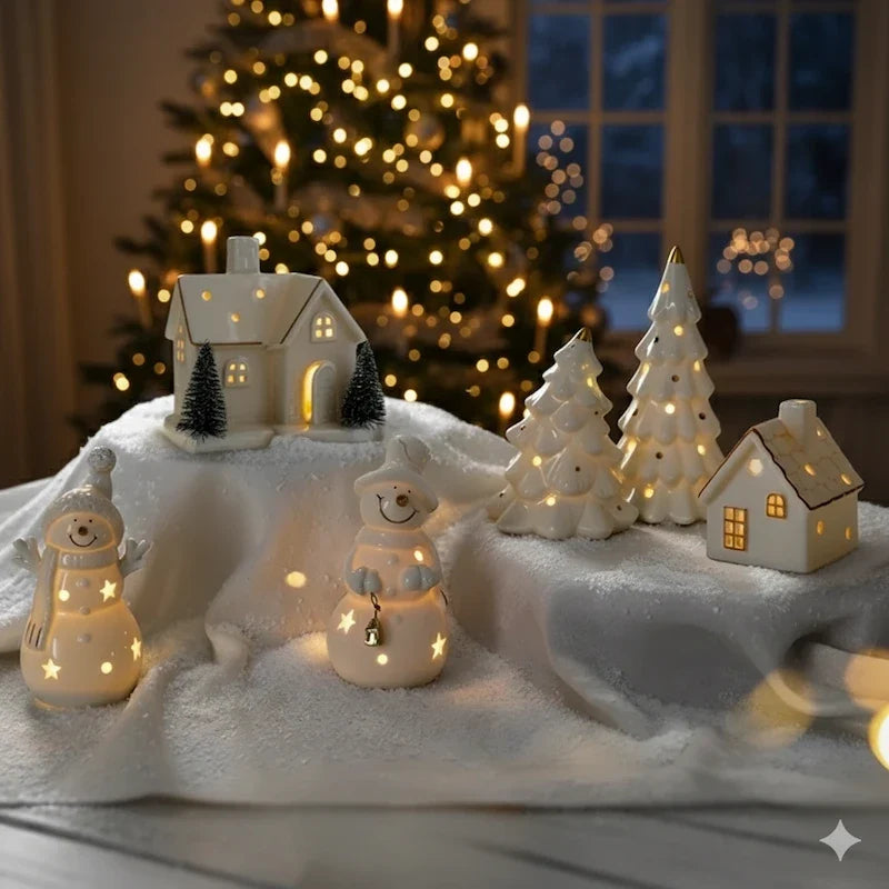 Light-Up Ceramic Village Christmas Decor | 12-Piece Set with Houses, Trees & Snowmen | Perforated Ceramic, Battery-Powered Glow