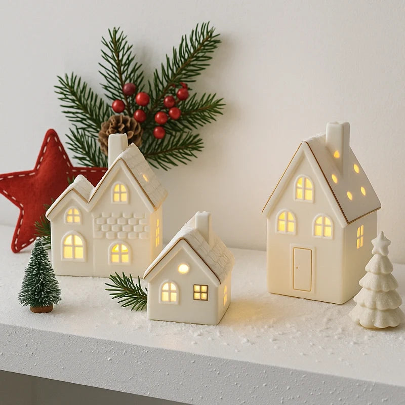 Light-Up Ceramic Village Christmas Decor | 12-Piece Set with Houses, Trees & Snowmen | Perforated Ceramic, Battery-Powered Glow