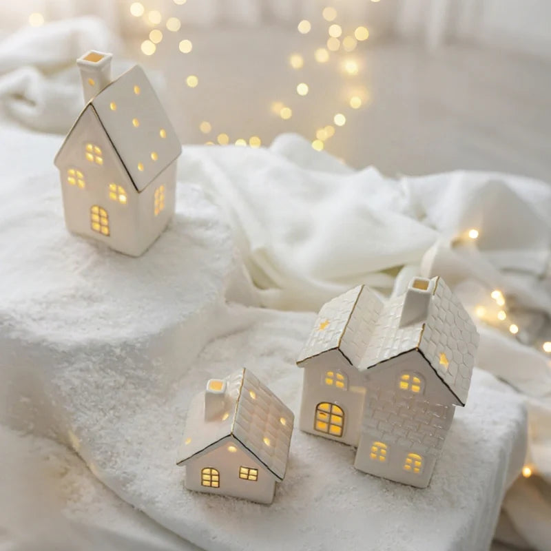 Light-Up Ceramic Village Christmas Decor | 12-Piece Set with Houses, Trees & Snowmen | Perforated Ceramic, Battery-Powered Glow