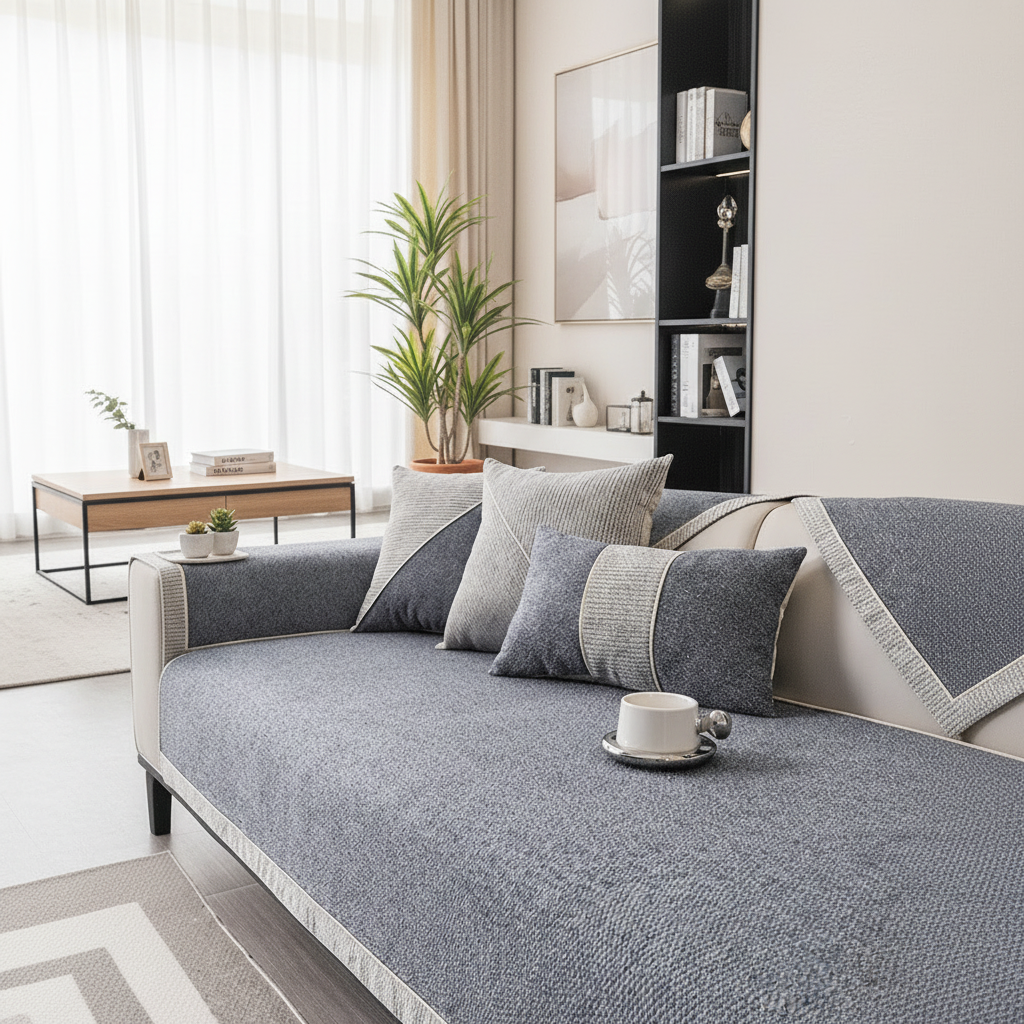 Linen Sofa Cover | Non-Slip Textured Throw with Braided Trim