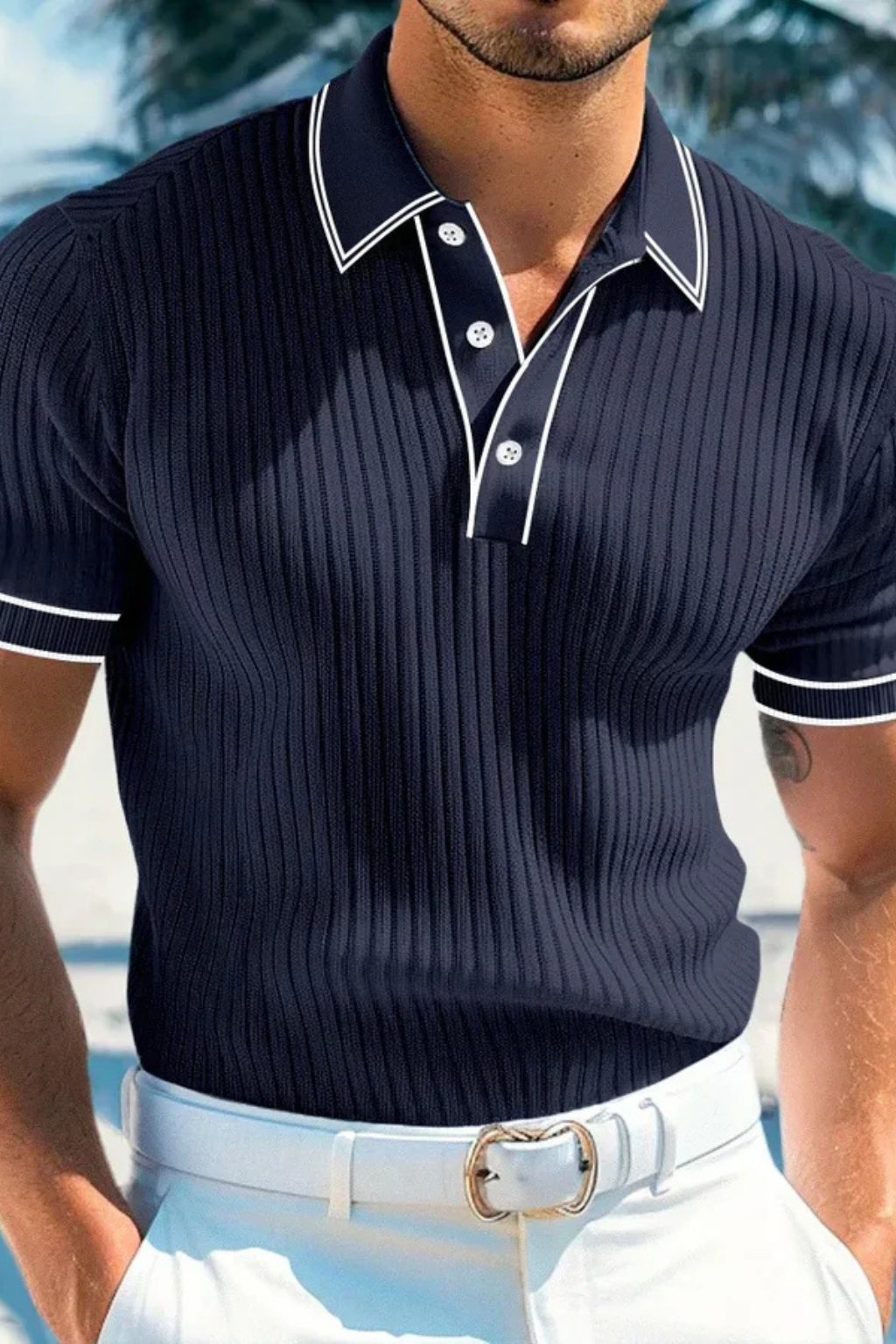 Lorcan | Men's Polo Shirt - Ribbed Knit with Contrast Collar Design 1