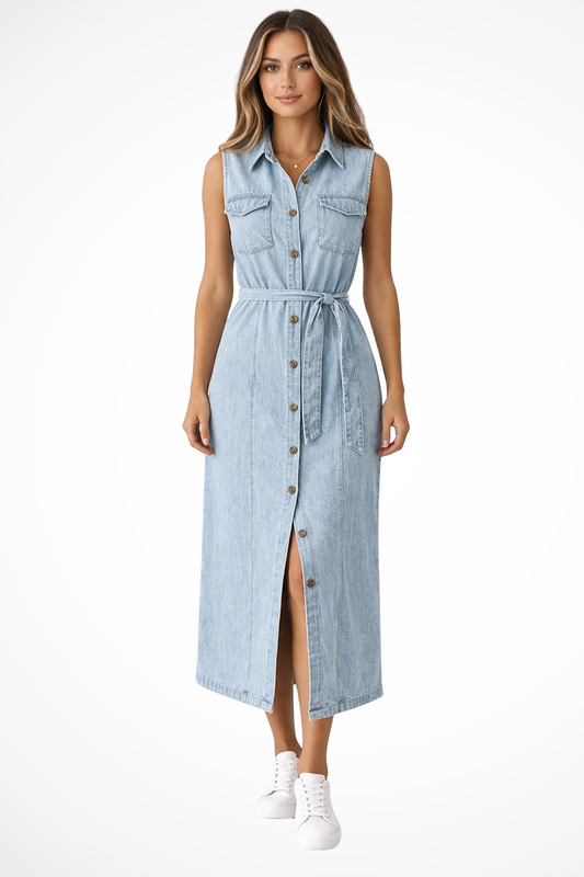 Lottie | Women's Maxi Dress – Sleeveless Denim With Adjustable Belt 0