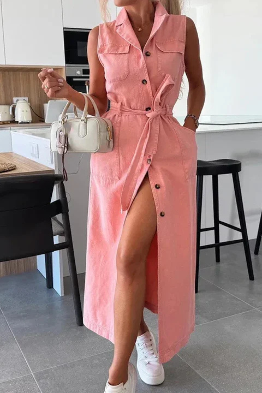 Lottie | Women's Maxi Dress – Sleeveless Denim With Adjustable Belt 4
