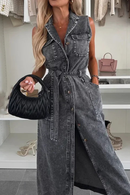 Lottie | Women's Maxi Dress – Sleeveless Denim With Adjustable Belt 8