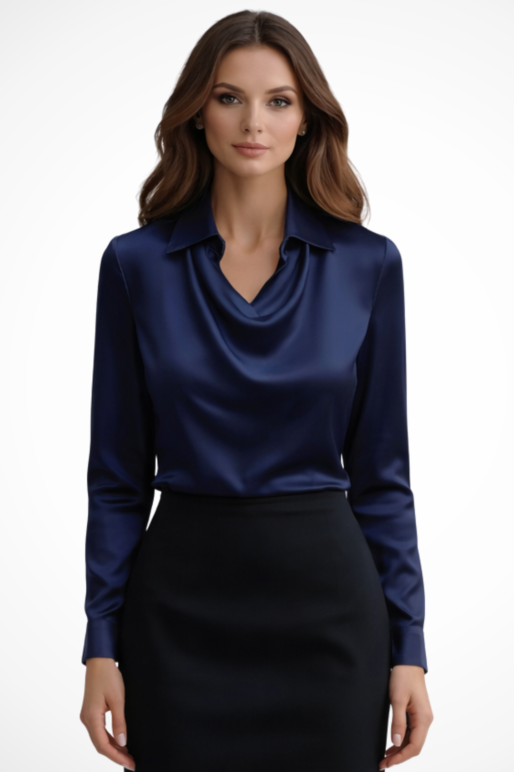 Lyra | Women's Satin Long Sleeve Blouse – Draped Neck Design 2